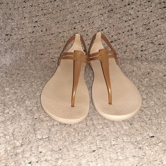 CROCS-Isabella Sandals Gold Tan T Strap Jelly Thong Slingback-Sz 9-Excellent - Picture 3 of 7
